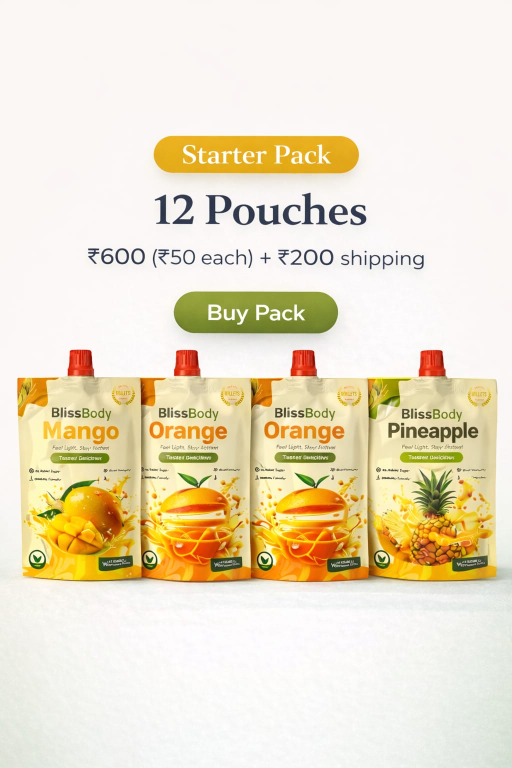 Blissbody Sugar-Free Gut Drink – Mix Pack (Orange, Pineapple, Mango – Pack of 12 x 200ml Pouches)