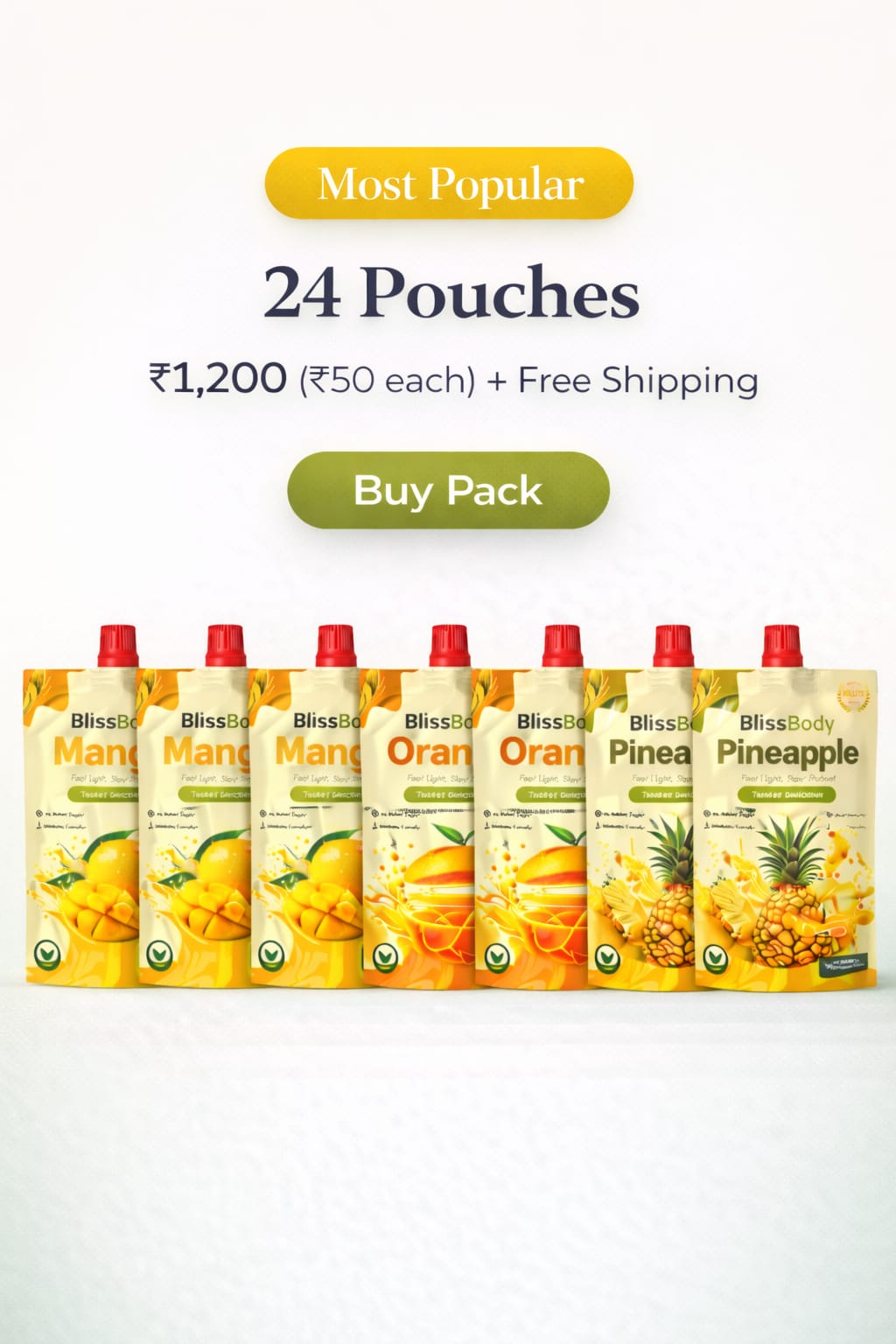 Blissbody Sugar-Free Gut Drink – Mix Pack (Orange, Pineapple, Mango – Pack of 24 x 200ml Pouches)